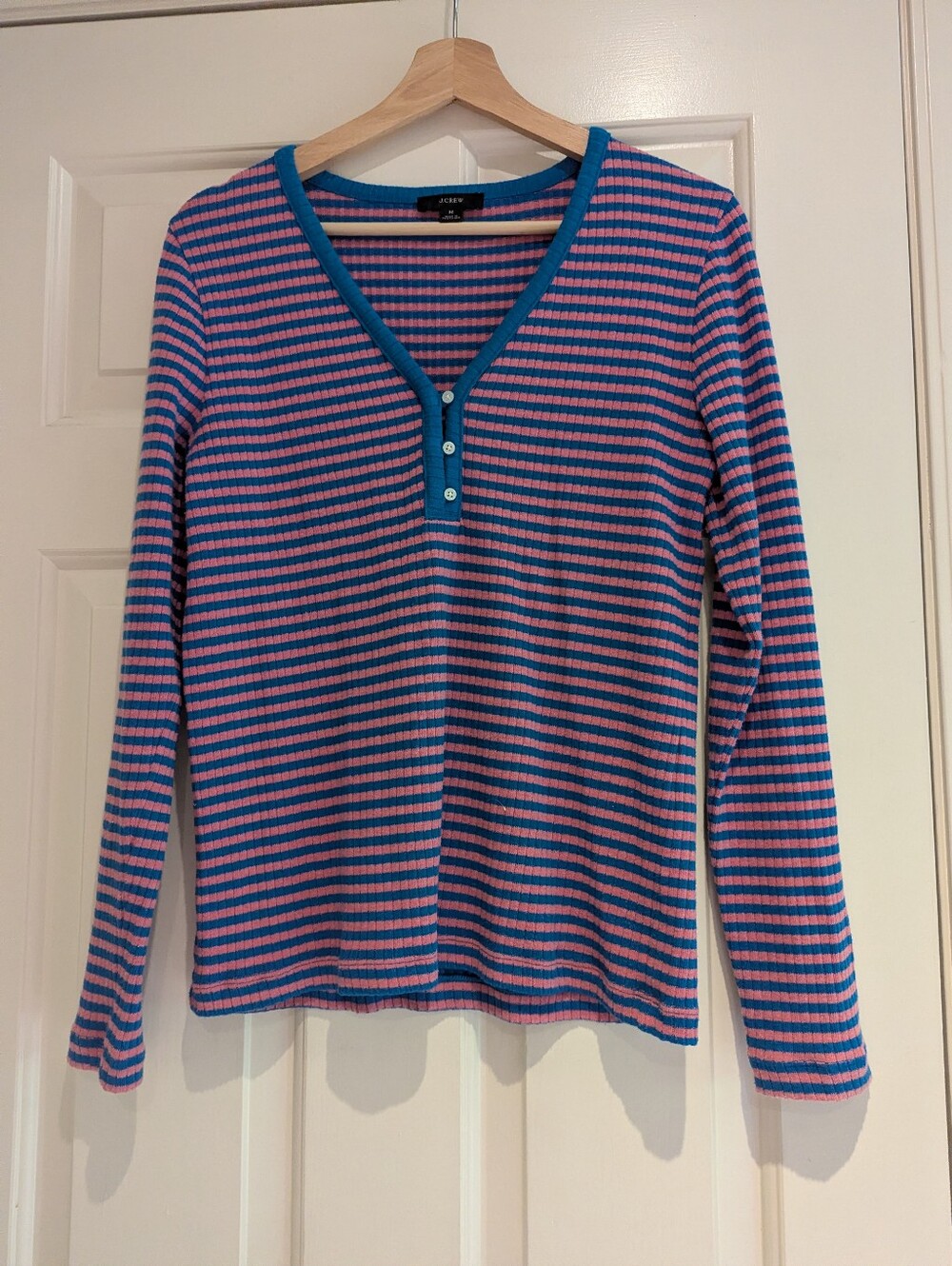 J. Crew Pink and Blue Striped Ribbed V-Neck Henley Top Shirt Y2K Coastal Retro M